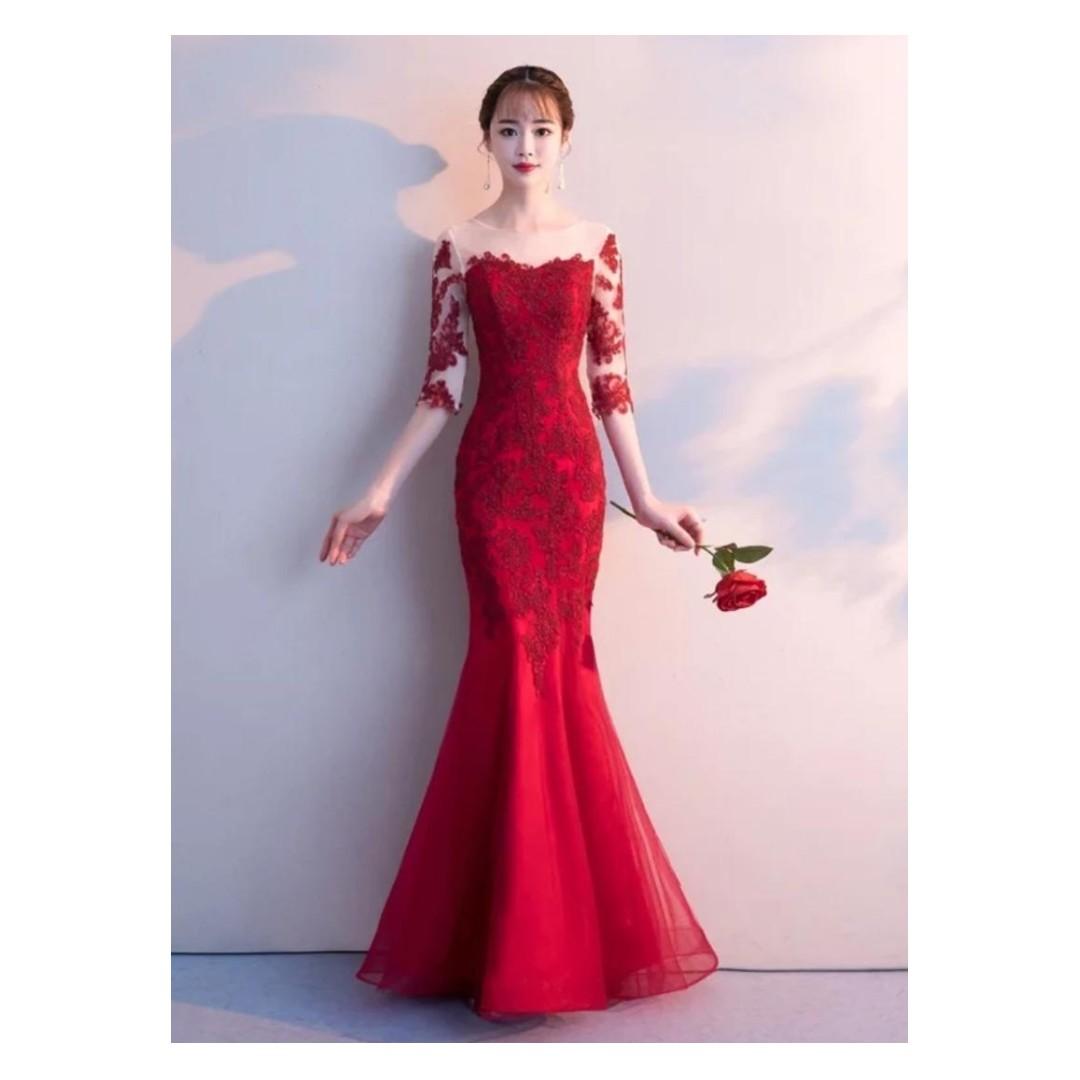 Red long sleeve mermaid prom dress best sale