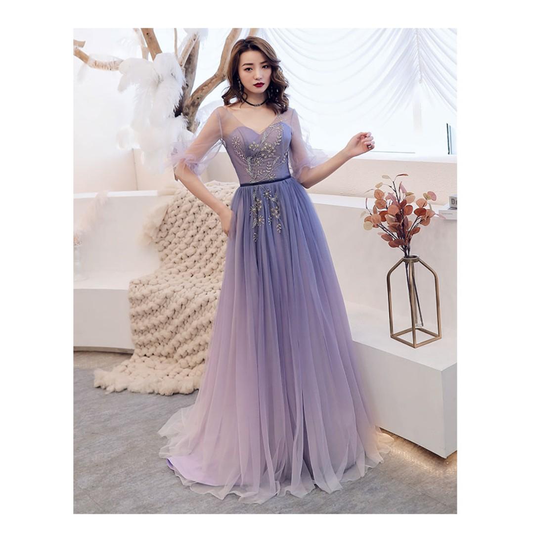 Purple evening best sale gown with sleeves