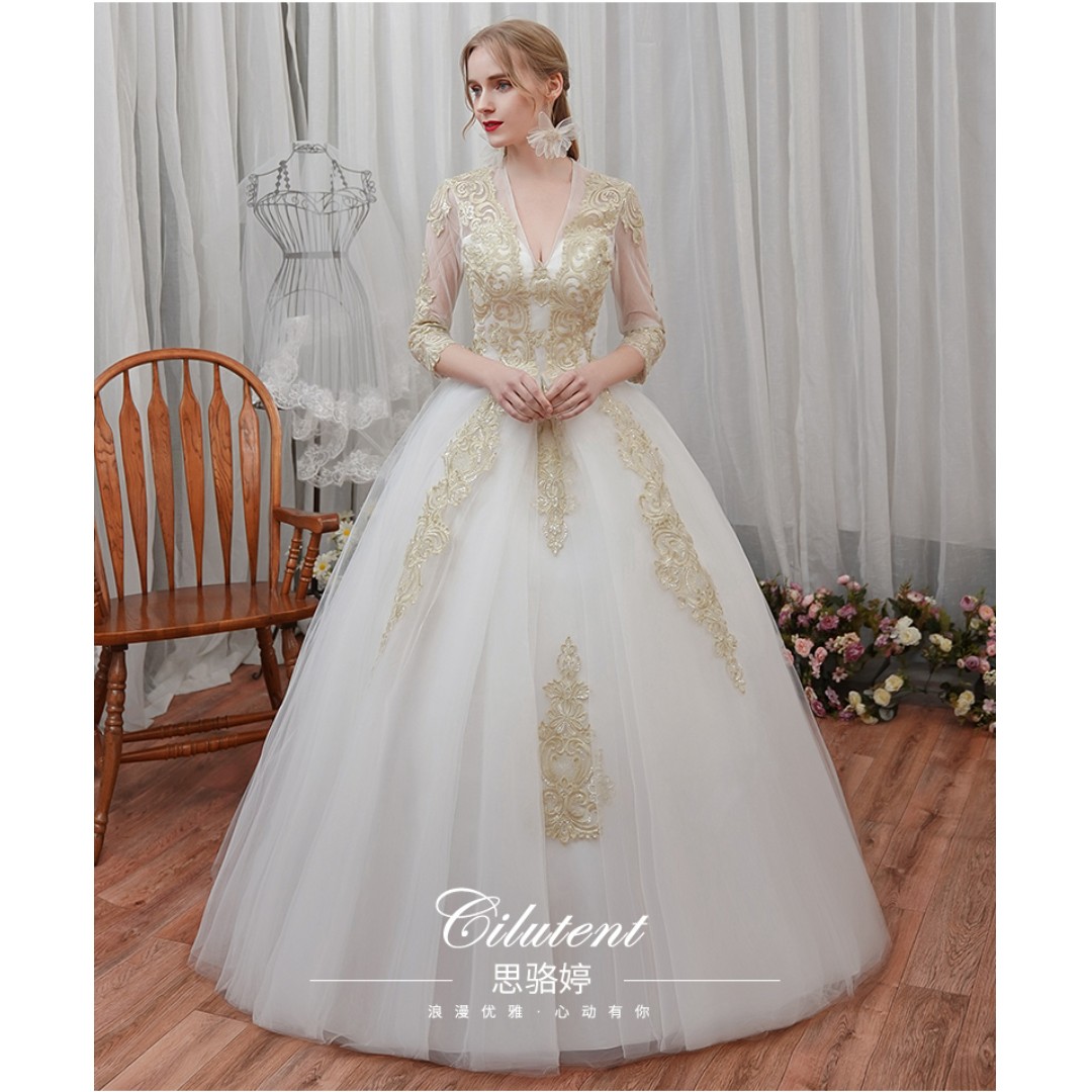 Pre Order White Gold Cheongsam Wedding Bridal Dress Gown Rb1097
