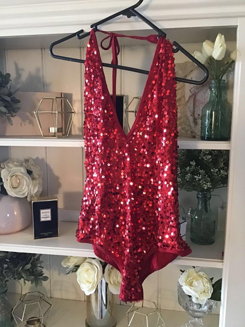 red sequin bodysuit