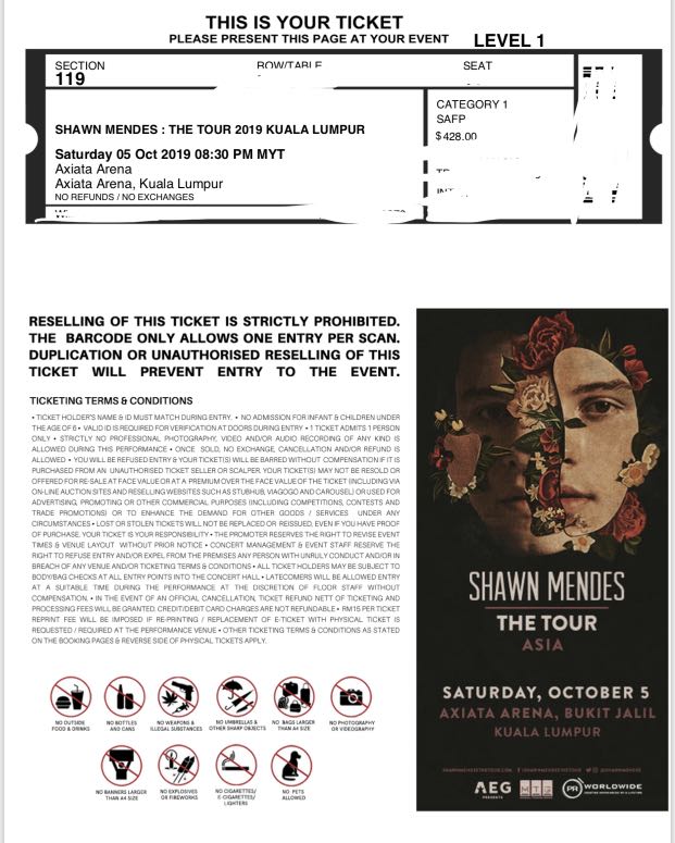 SHAWN MENDES LIVE IN KL - CAT 1 - SEC 119, Tickets u0026 Vouchers 