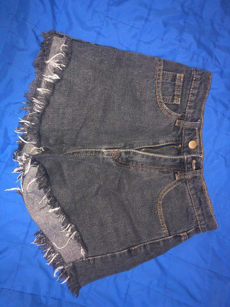 black distressed denim high waisted shorts