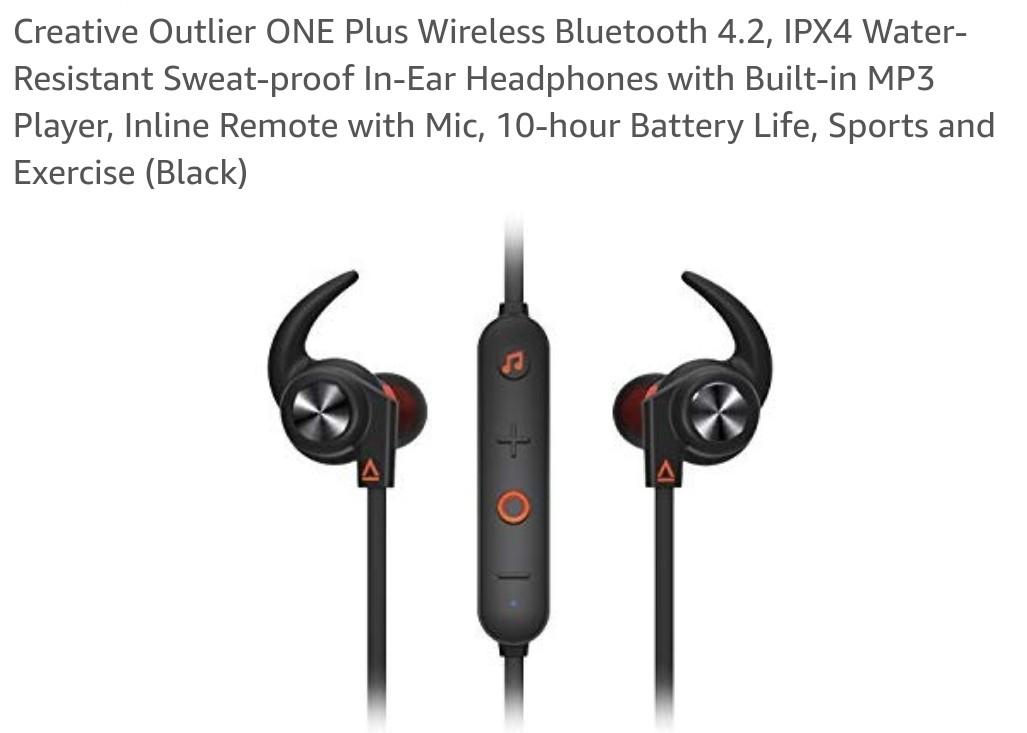Creative Outlier ONE Plus Wireless Bluetooth 4.2 IPX4 Water Resistant Sweat proof In Ear Headphones with Built in MP3 Player Inline Remote with Mic 10 hour Battery Life Sports and Exercise Black Audio...