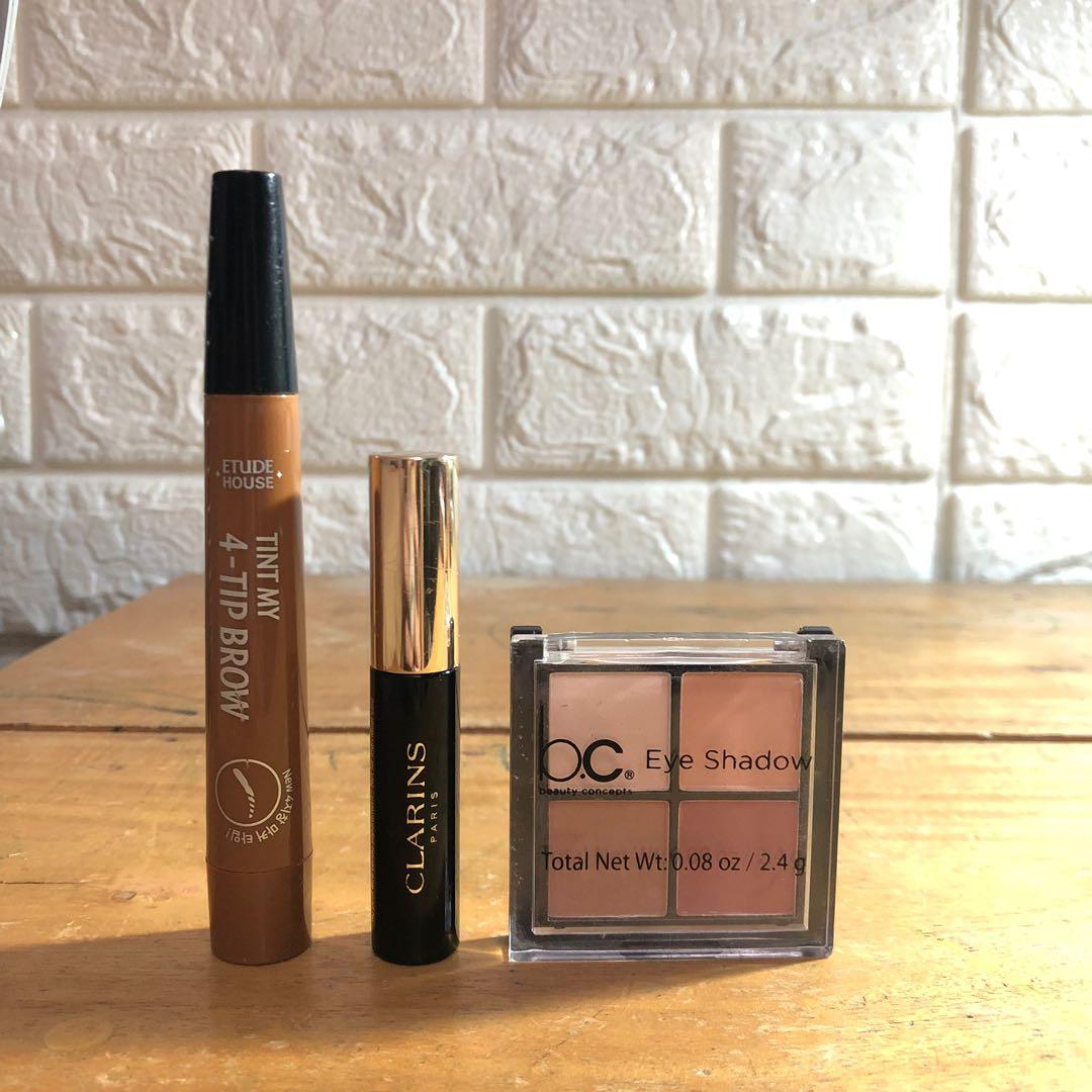 Eye Make up Set (Category: Makeup) located in Binan City. Submitted by adressmnl (Listing ID 233562505, Image 1). Description: Etude House eyebrow tip tint in natural brown #1 90% full Clarins wonder perfect mascara in black 60% full BC quad eyeshadow 95% full ₱550 SOLD AS SET .