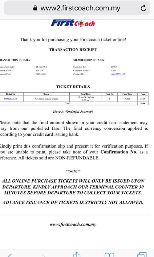 First coach bus ticket (Novena to Bandar Utama), Tickets & Vouchers