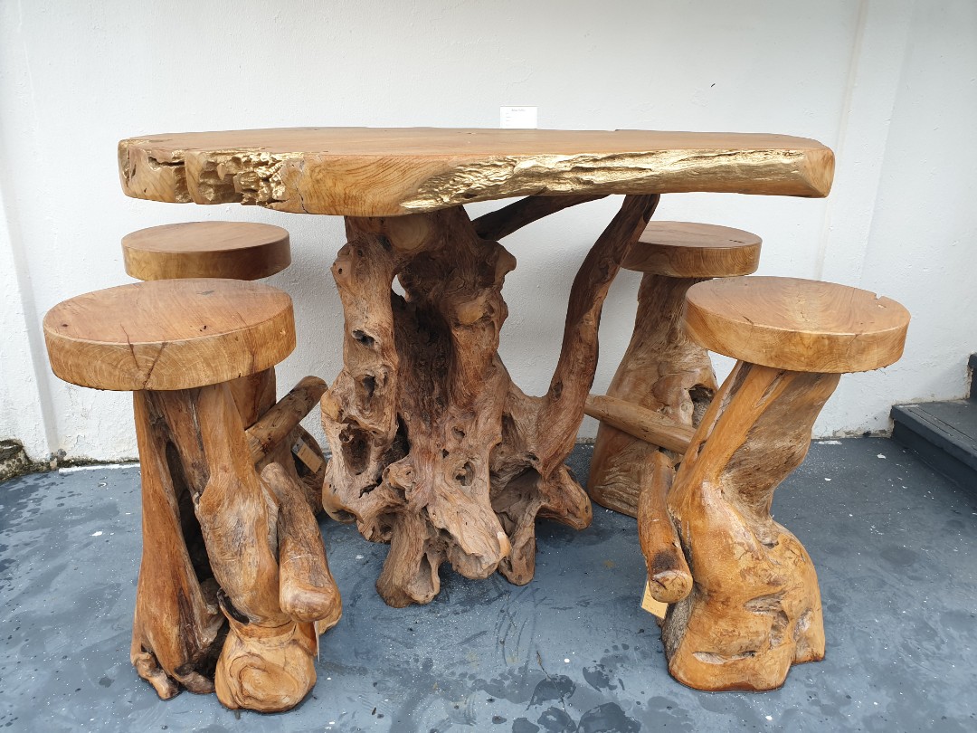 Teak root shop table and chairs