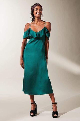 Urban Outfitters Satin Ruffle Cold Shoulder Midi Dress