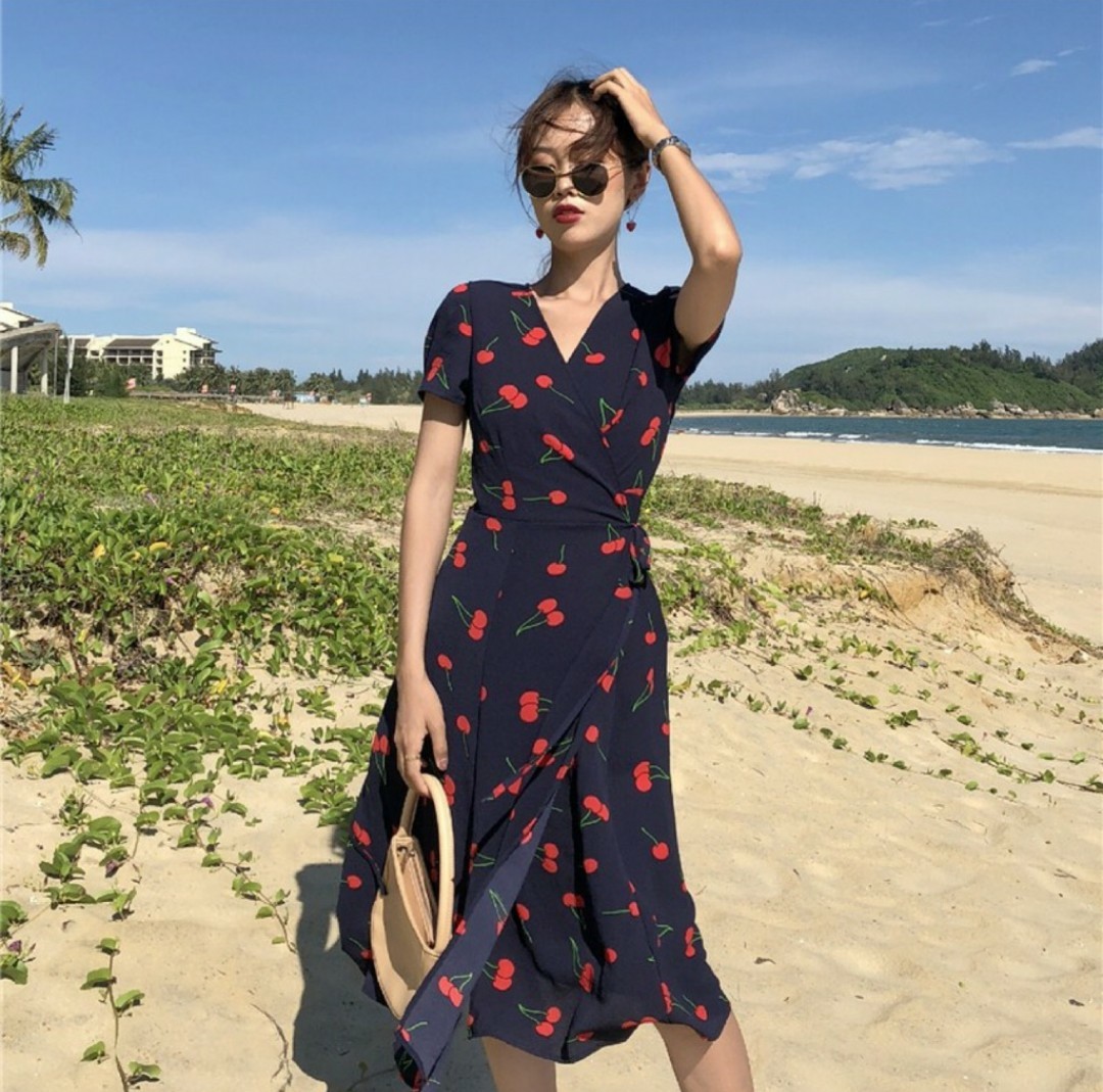 Navy blue cherry dress clearance