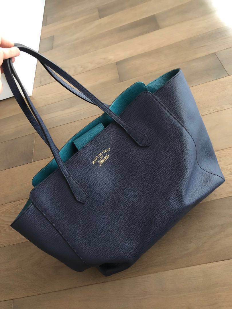 navy blue leather tote bag