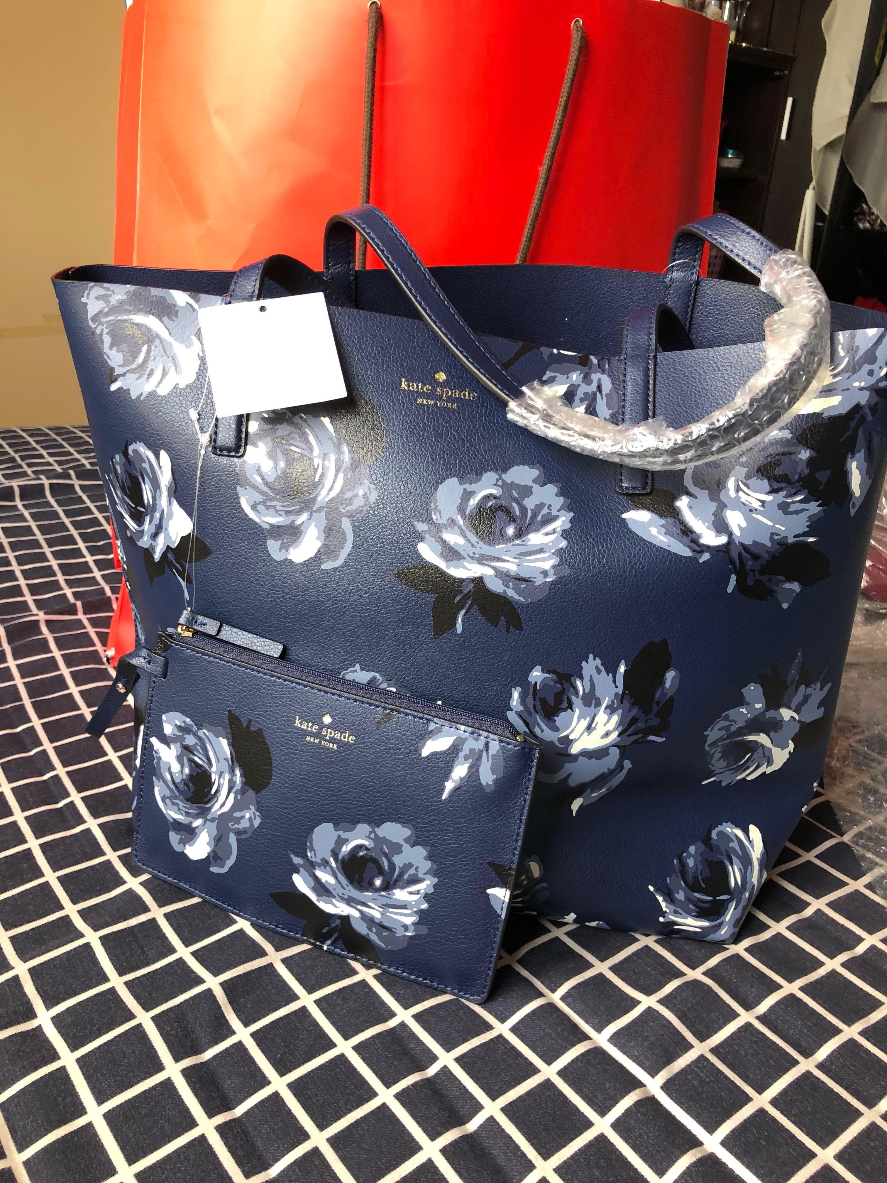 Kate Spade Arc Mya Reversible Tote and Pouch Floral Navy Blue Plain