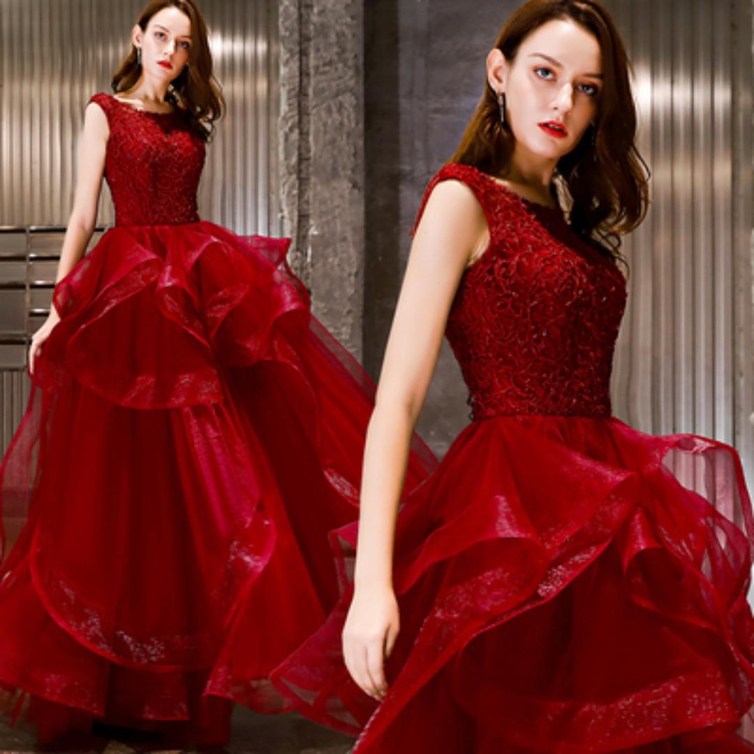 pre order red silver maroon ruffle wedding bridal evening dress gown RB1107