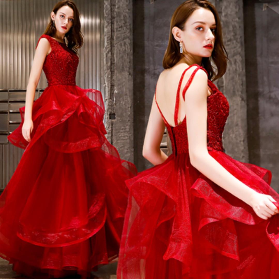 pre order red silver maroon ruffle wedding bridal evening dress gown RB1107