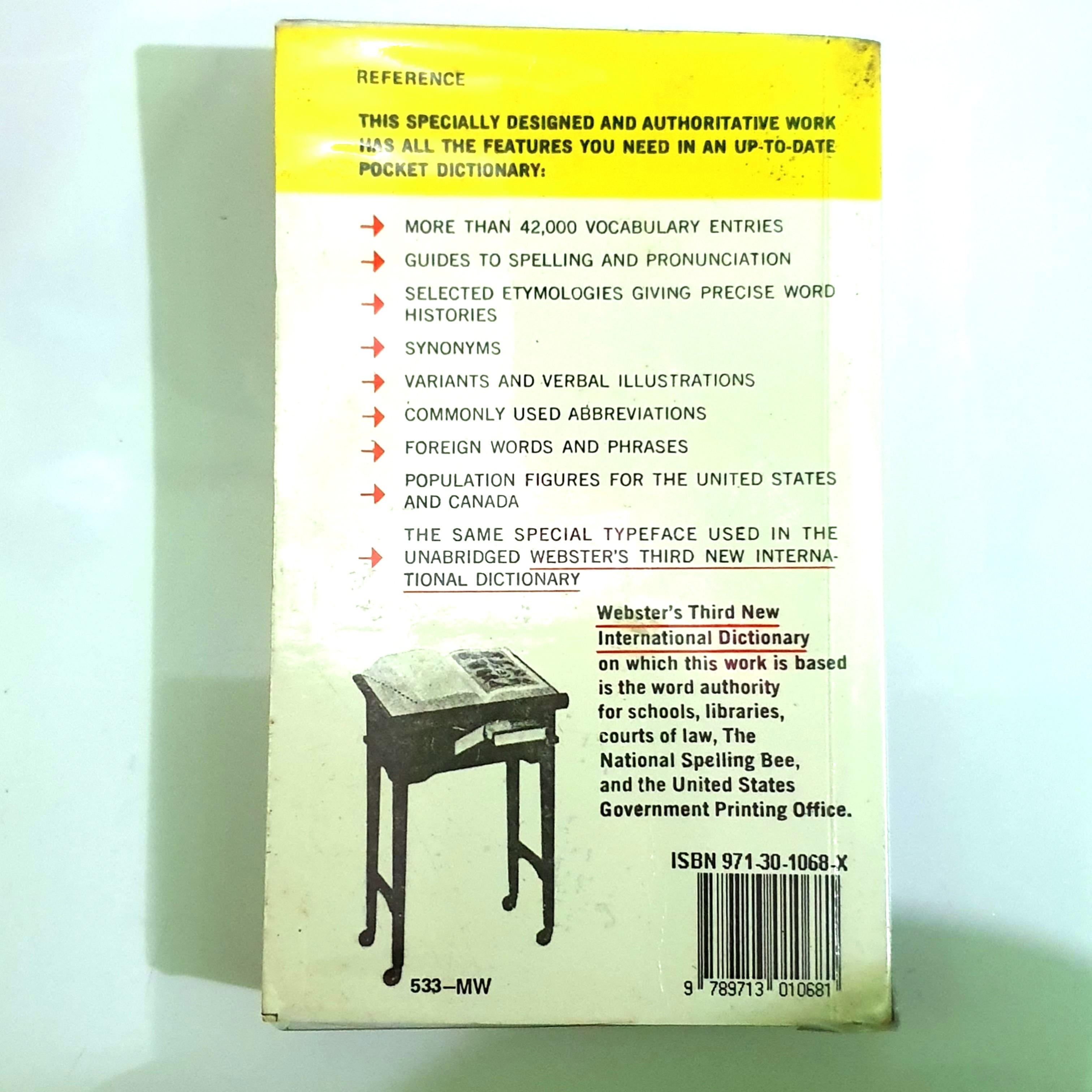 The New Meriam Webster Pocket Dictionary (Category: Textbooks) located in Marikina City. Submitted by theripper. (Listing ID 233615819, Image 2). Description: Theres a minimal faded marker but overall in good condition.