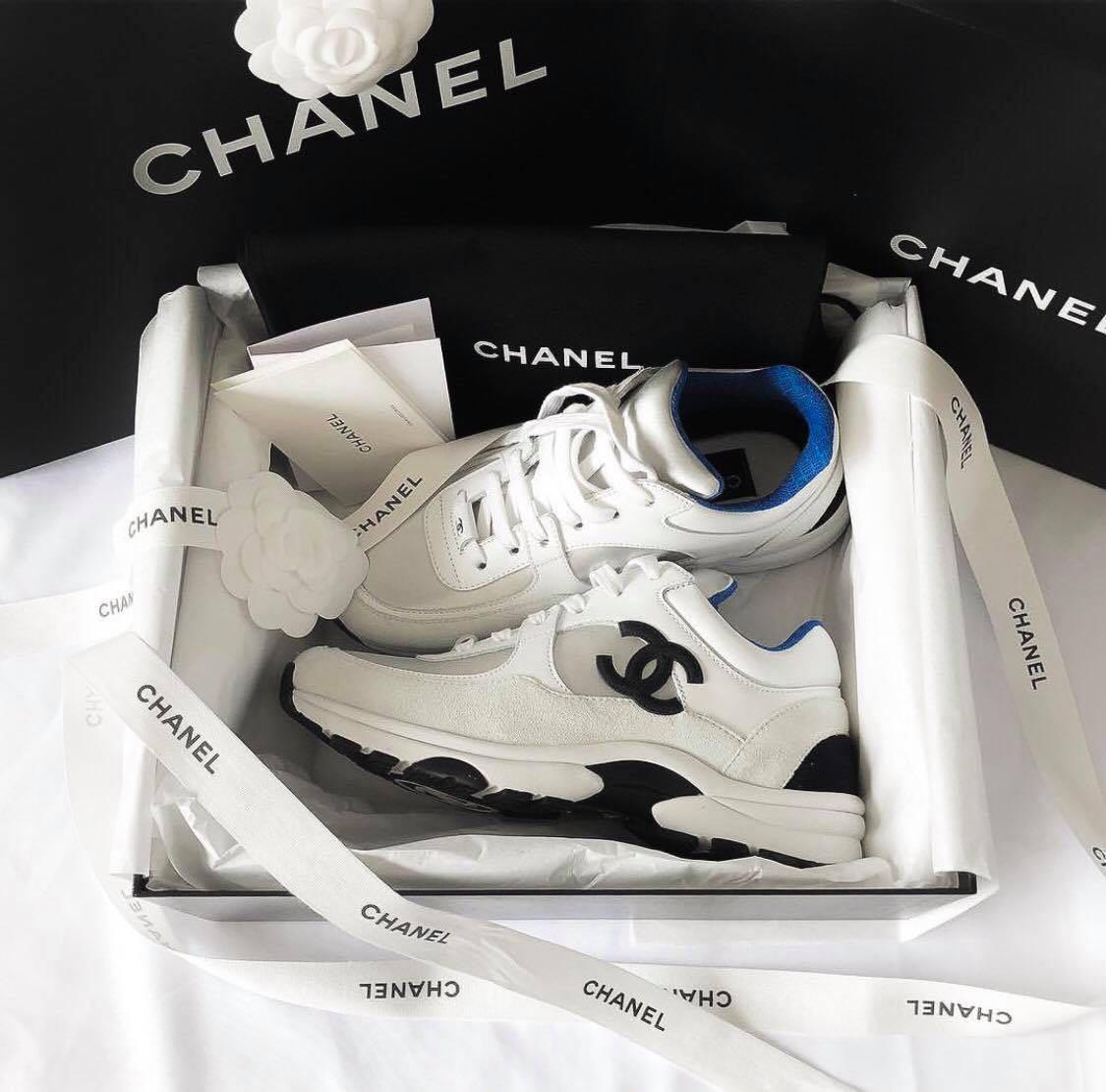 white and blue chanel sneakers