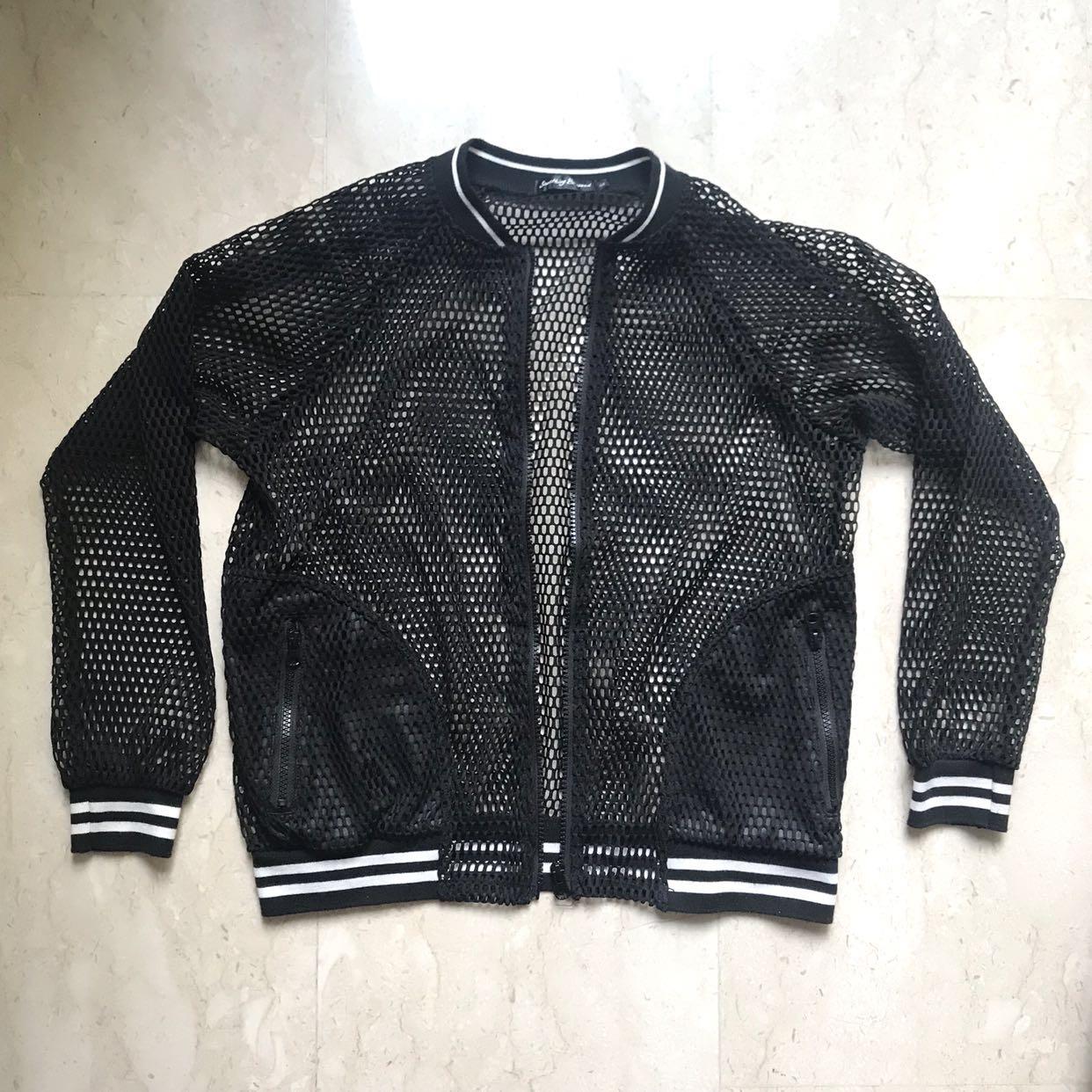 Mesh/Perforated Ribs Varsity Bomber Jacket in Black, Women's Fashion