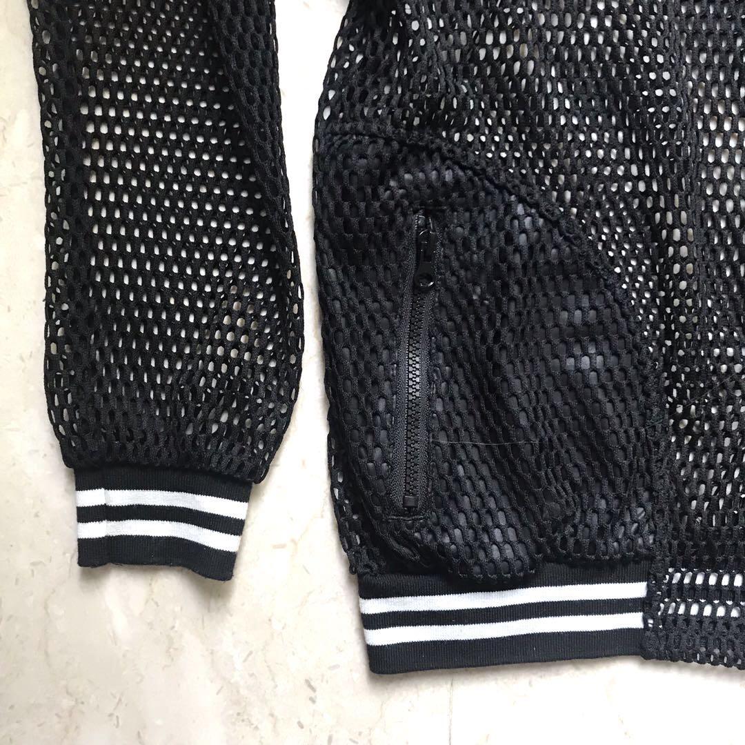 Mesh/Perforated Ribs Varsity Bomber Jacket in Black, Women's Fashion