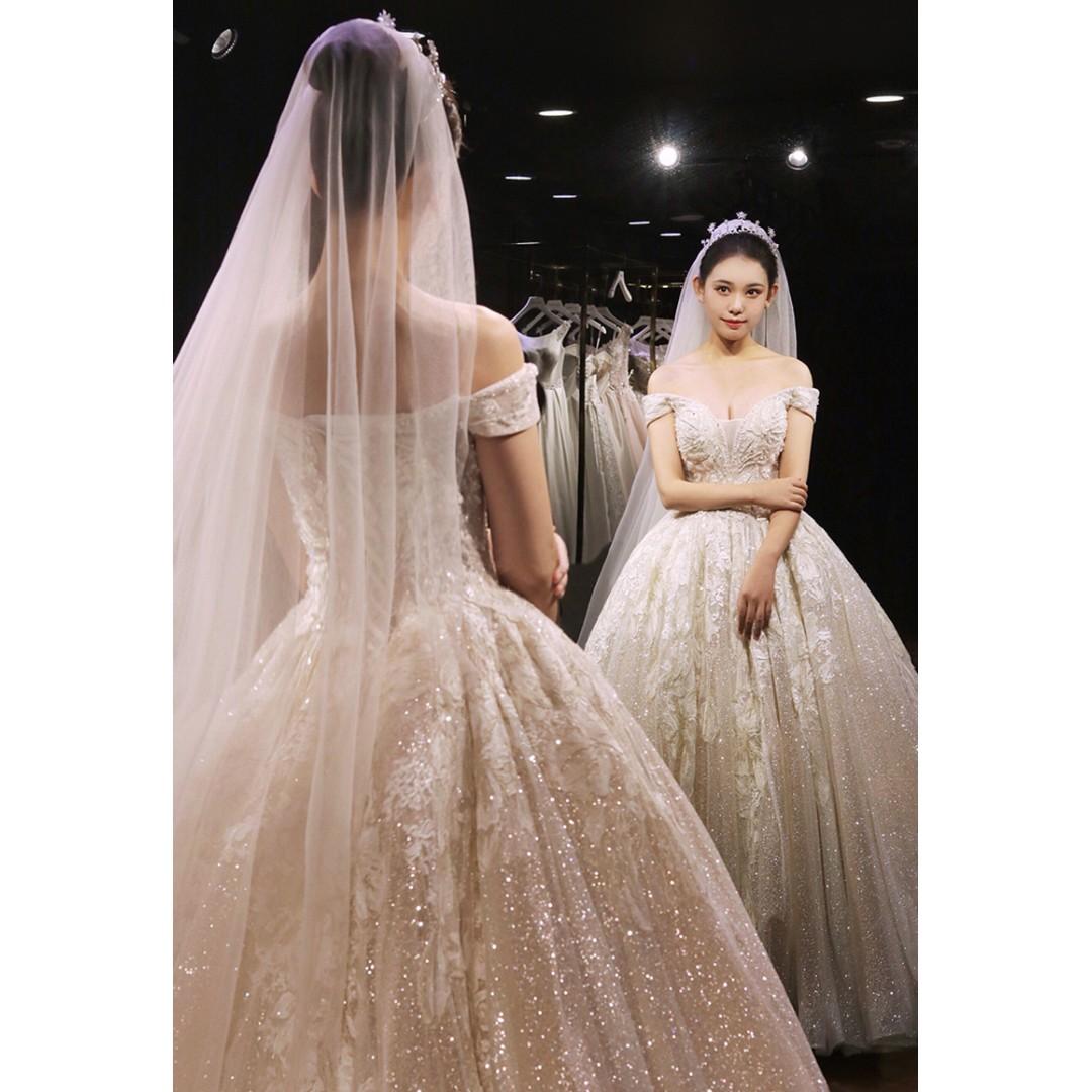 Pre Order Cream Off Shoulder Glitter Fishtail Wedding Dress Gown Plus Size Rb1108 Women S Fashion Clothes Dresses Skirts On Carousell