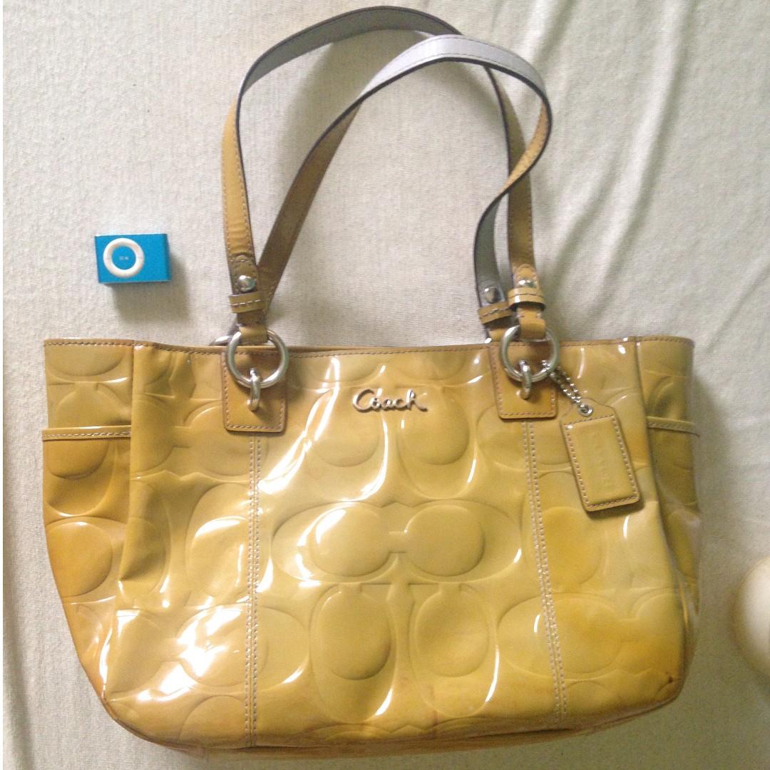 Used Authentic Coach Patent Leather Handbag Avocado color