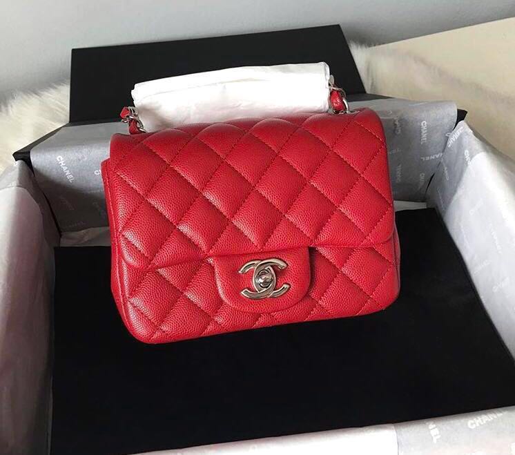 BNIB Chanel Mini Square Raspberry Caviar SHW 18B, Luxury, Bags
