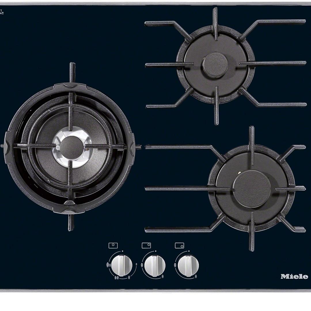 miele gas hob km3014g with 3 burners incl dual wok for particularly versatile cooking convenience new furniture home living kitchenware tableware cookware accessories on carousell