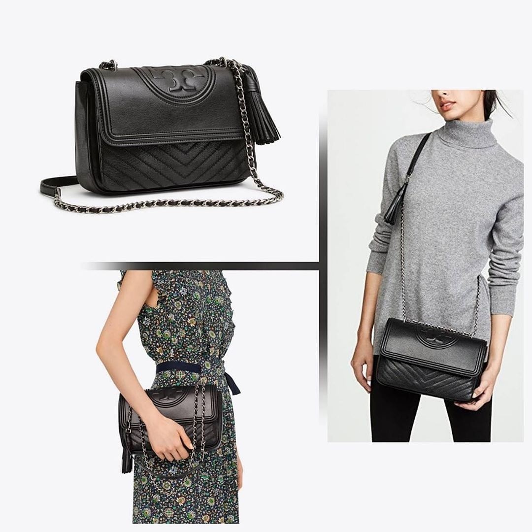 TORY BURCH FLEMING DISTRESSED FLAP SHOULDER BAG 28x19x5CM BLACK
