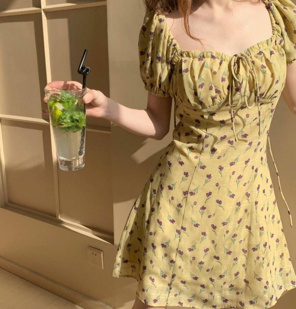 Bustier French Floral Yellow Floral Dress Women S Fashion