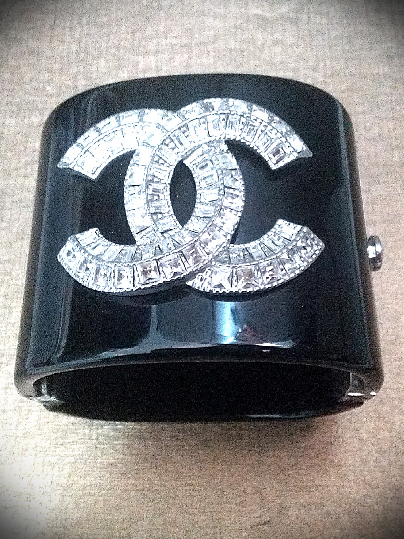 Chanel Black Resin And Crystal CC Wide Cuff Bracelet, Luxury