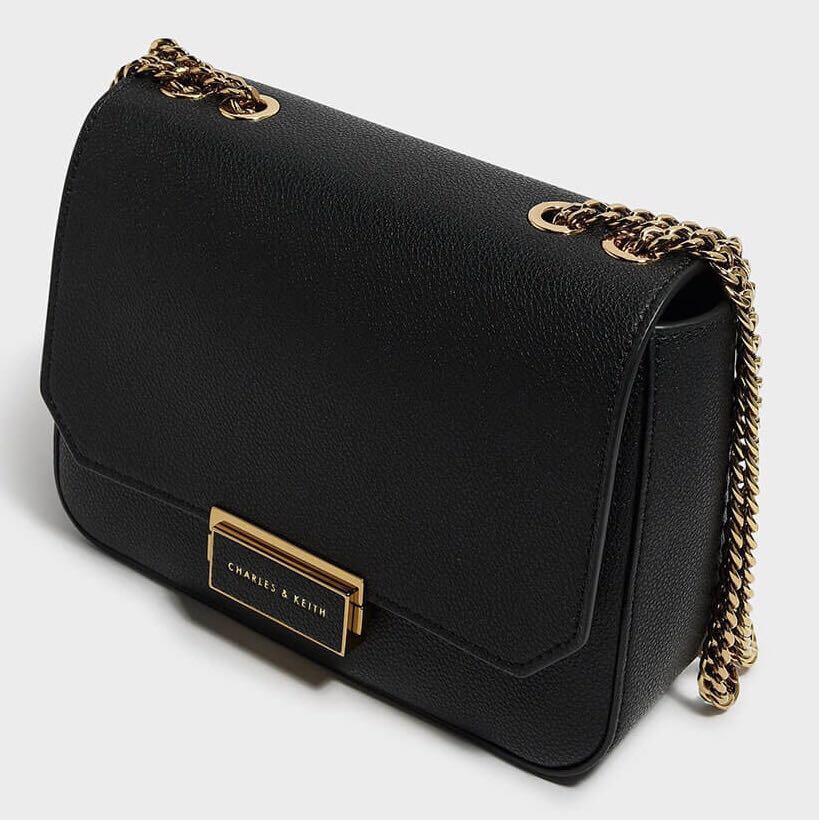 Charles & Keith Black Classic PushLock Crossbody Bag, Women's Fashion