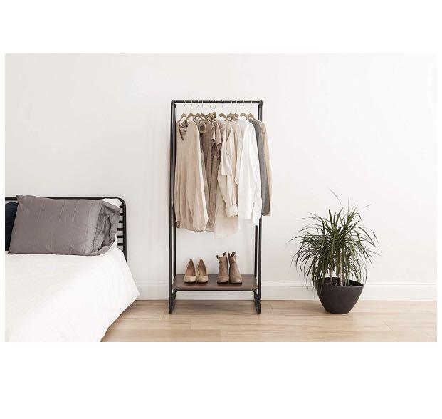 Iris Metal Garment Rack With Wood Shelf Black And Dark Brown