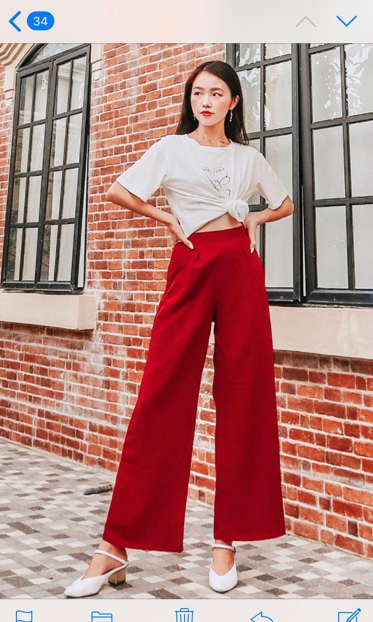 Maroon red Palazzo Pants culottes, Women's Fashion, Bottoms, Other Bottoms  on Carousell