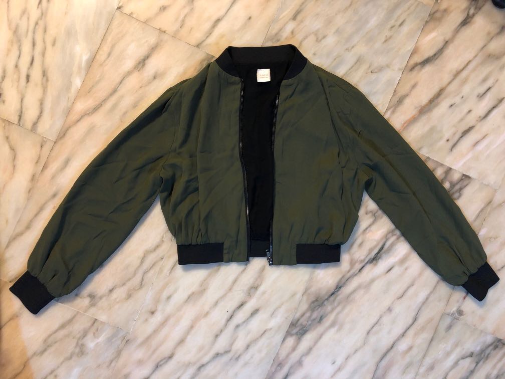 Seaweed Green Cropped Bomber Jacket, Women's Fashion, Coats, Jackets ...