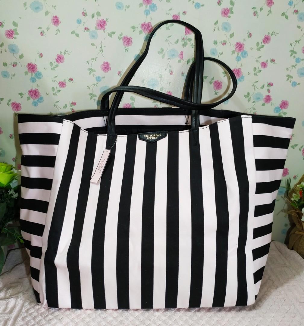 Auth.Victoria Secret Tote Weekender Bag Pink Black Stripe with
