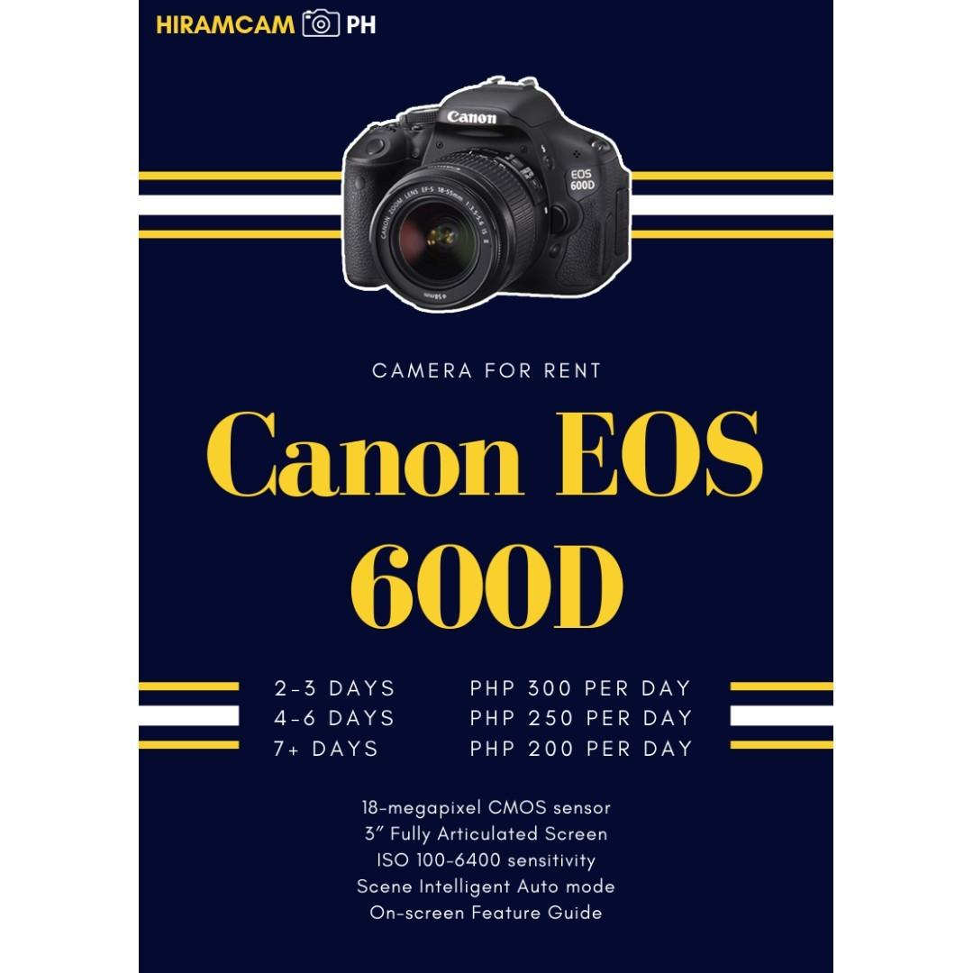 For Rent! Canon EOS 600D (Category: Cameras) located in Taguig. Submitted by hiramcam.ph (Listing ID 234250784, Image 1). Description: Canon EOS 600D for rent! Capture beautiful memories with loved ones with our affordable camera rental services. No more worries about not having a camera during life's memorable moments. Great camera for birthdays, graduation, weddings, travel, events, etc.! Please message us reservations and for any questions! Yo