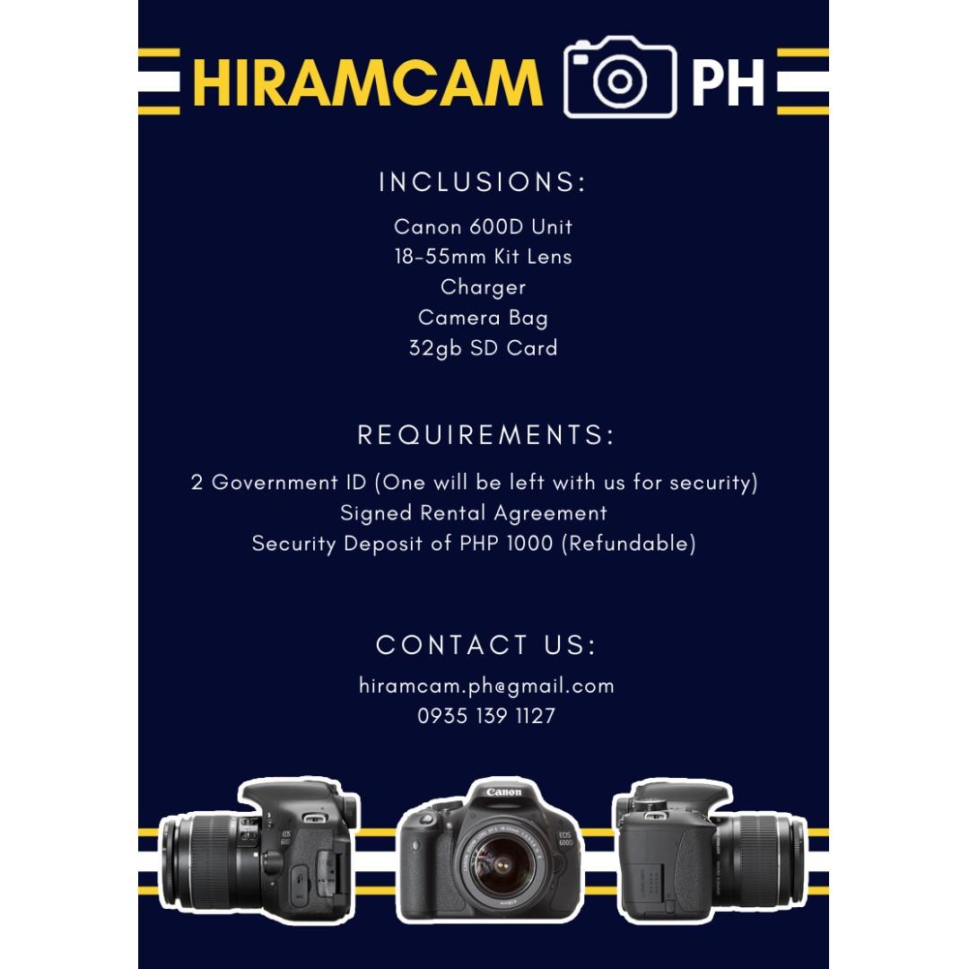 For Rent! Canon EOS 600D (Category: Cameras) located in Taguig. Submitted by hiramcam.ph (Listing ID 234250784, Image 2). Description: Canon EOS 600D for rent! Capture beautiful memories with loved ones with our affordable camera rental services. No more worries about not having a camera during life's memorable moments. Great camera for birthdays, graduation, weddings, travel, events, etc.! Please message us reservations and for any questions! Yo