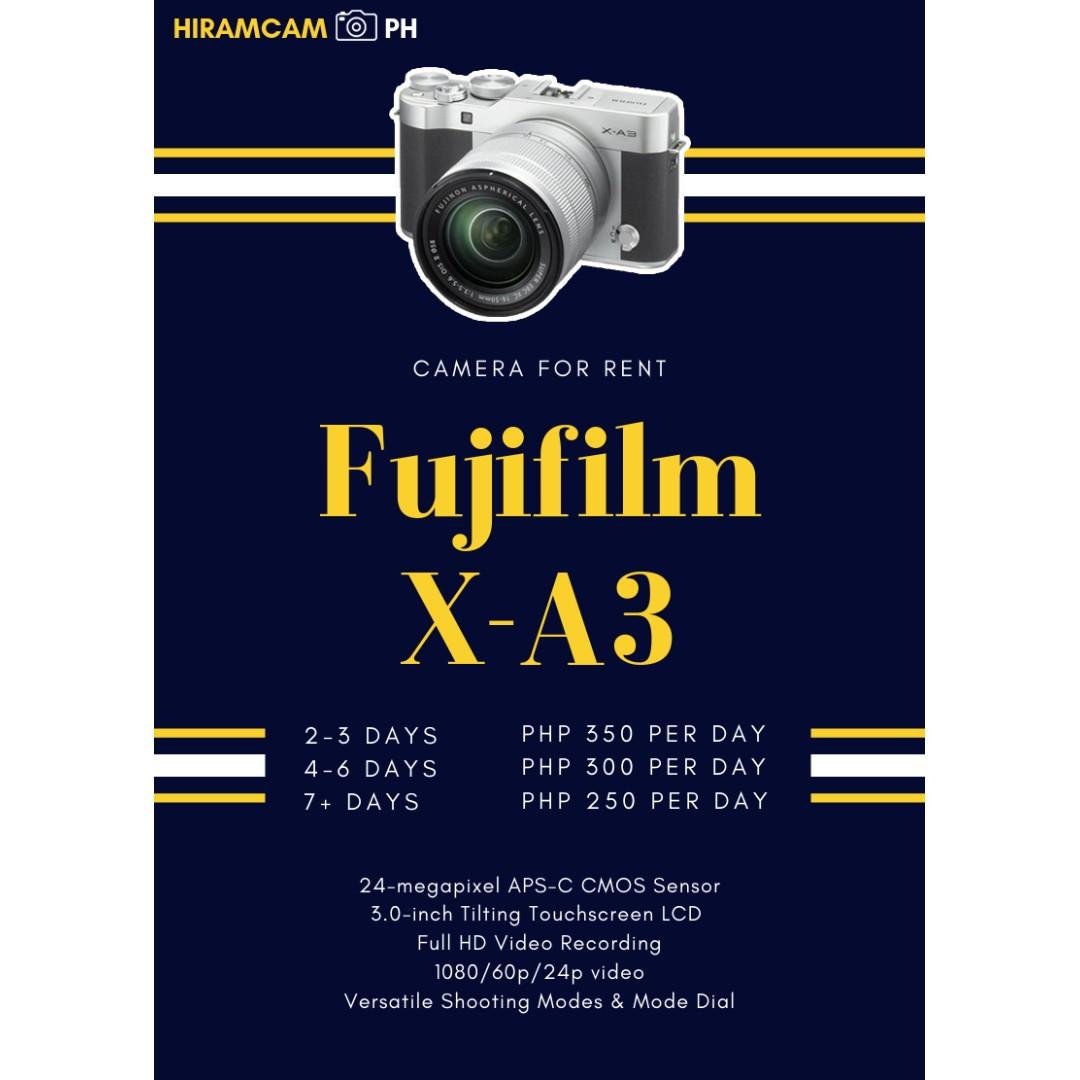 For Rent! Fujifilm X-A3 (Category: Cameras) located in Taguig. Submitted by hiramcam.ph (Listing ID 234330986, Image 1). Description: Fujifilm X-A3 for rent! Capture beautiful memories with loved ones with our affordable camera rental services. No more worries about not having a camera during life's memorable moments. Great camera for birthdays, graduation, weddings, travel, events, etc.! Please message us reservations and for any questions! You 