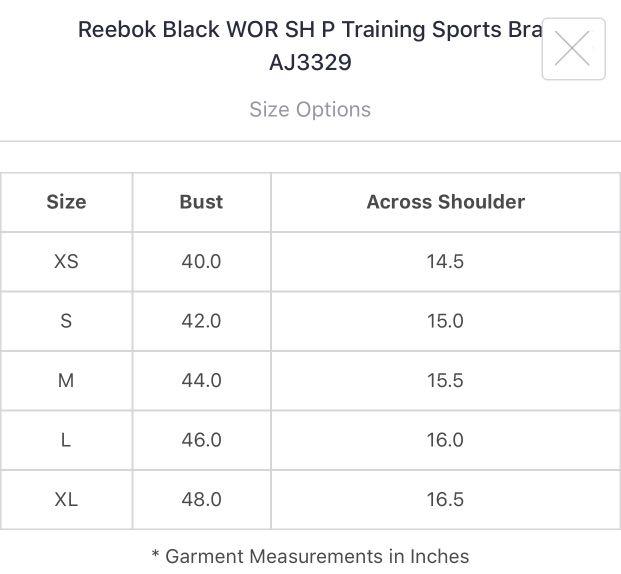 Reebok sports bra top size guide