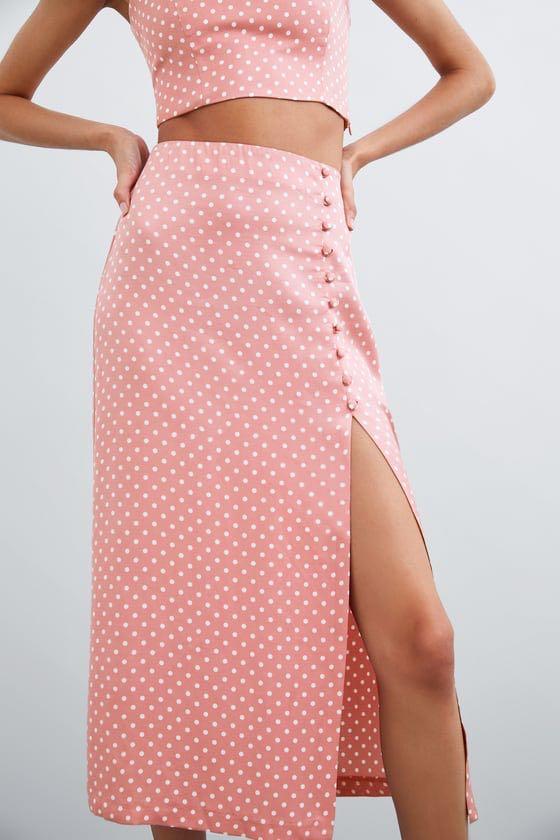 ZARA Pink Polka Dot Skirt with Slit 