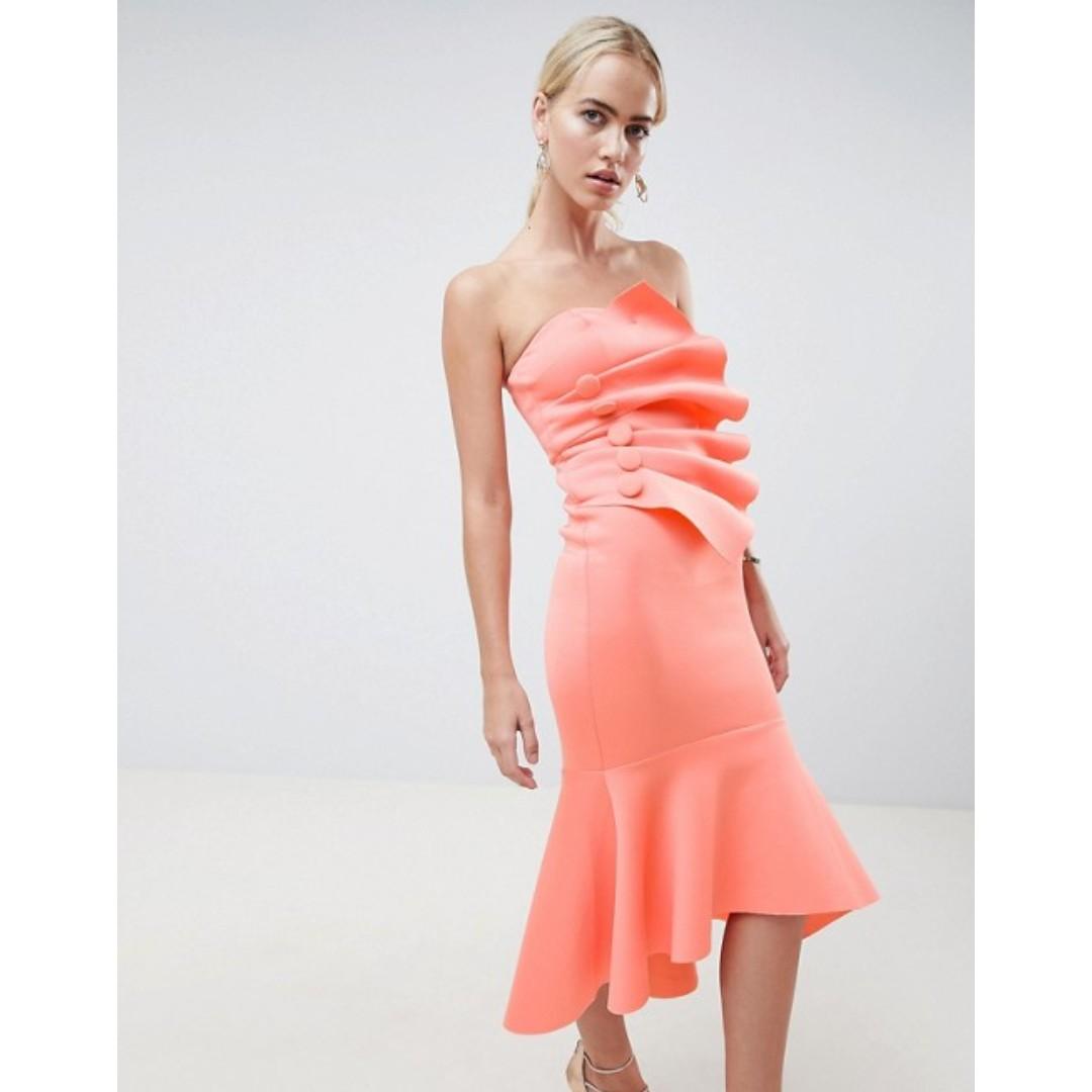 asos design bandeau midi dress with ruffle pep hem