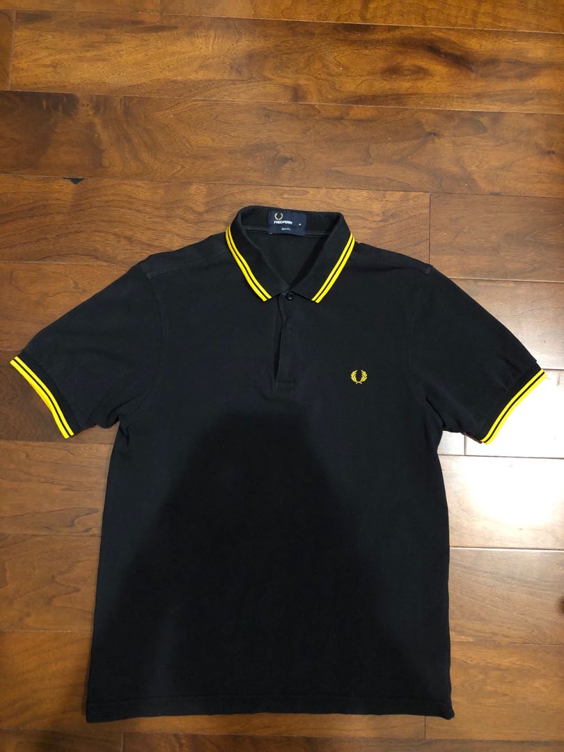 Authentic Fred Perry Polo Shirt Black Yellow collar Sz M Men s