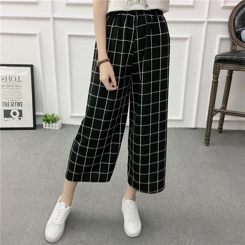 Women Wide Leg Loose Checkered Grid Elastic Culottes Pants