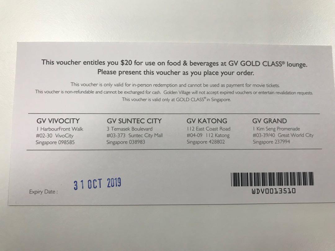 GV Gold Class Movie Tickets x 2 and Meal Voucher, Tickets & Vouchers