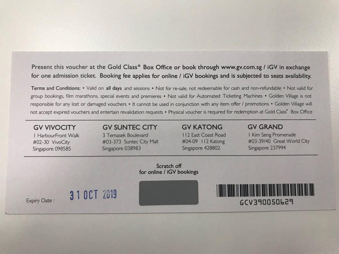 GV Gold Class Movie Tickets x 2 and Meal Voucher, Tickets & Vouchers