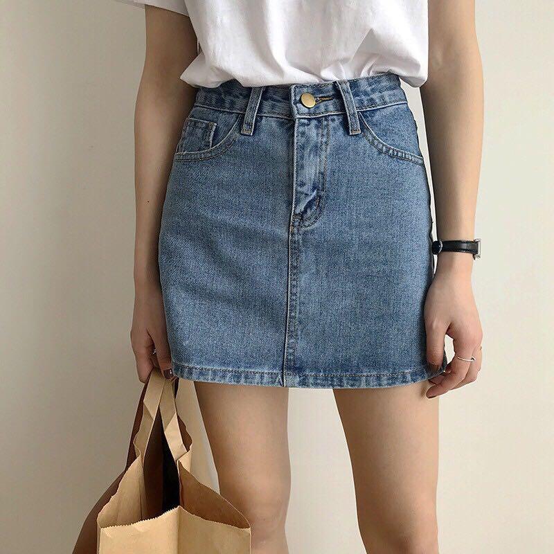 korean denim skirt outfit