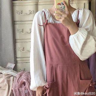 藕粉色綁帶設計感工裝洋裝