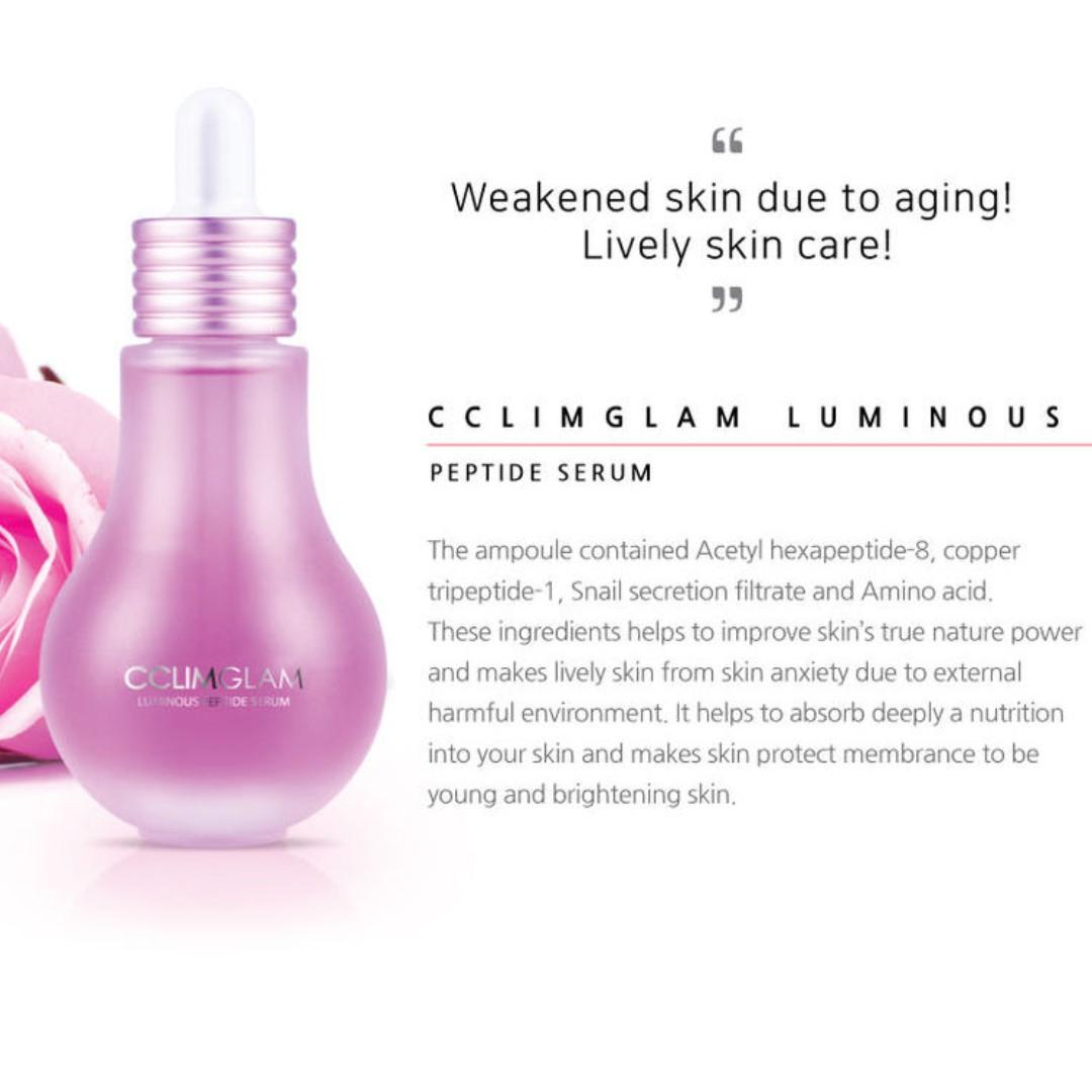 CCLIM GLAM Luminous Serum - Peptide (Category: Face Care) located in Makati City. Submitted by ipudakcph (Listing ID 234523295, Image 1). Description: CCLIM GLAM Luminous Serum - Peptide (50ml) To improve skin elasticity and strengthen skin, while snail secretion filtrate, amino acid complex and other active ingredients nourishing the skin and forming skin protective barrier to give the skin a youthful glow. Now for 70% Off discount price! Origin
