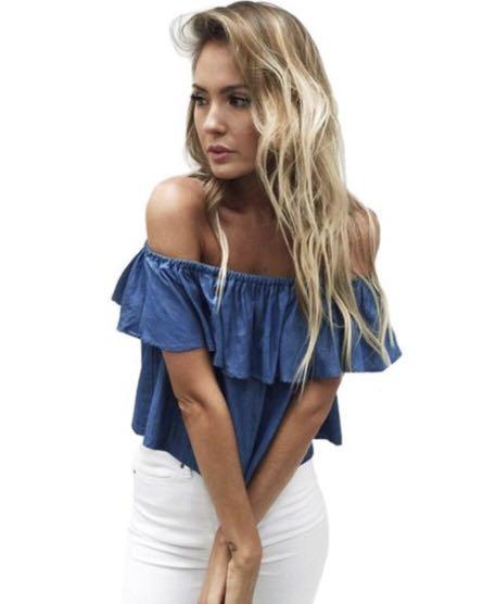 denim off shoulder crop top