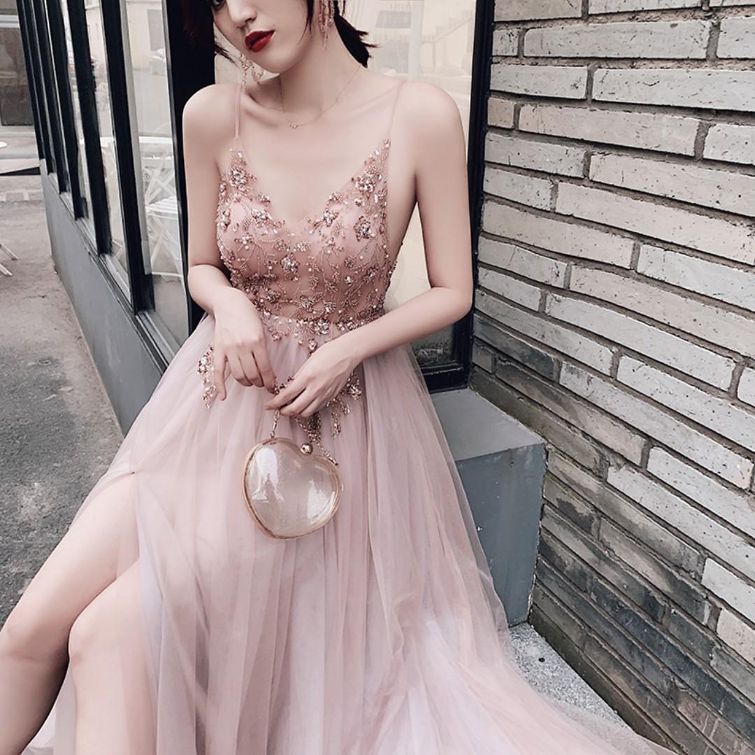 Pre order pink diamond slit wedding prom evening dress gown