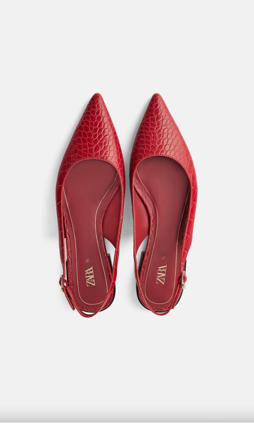 Zara Red Slip On Pointed Flats, Women's 
