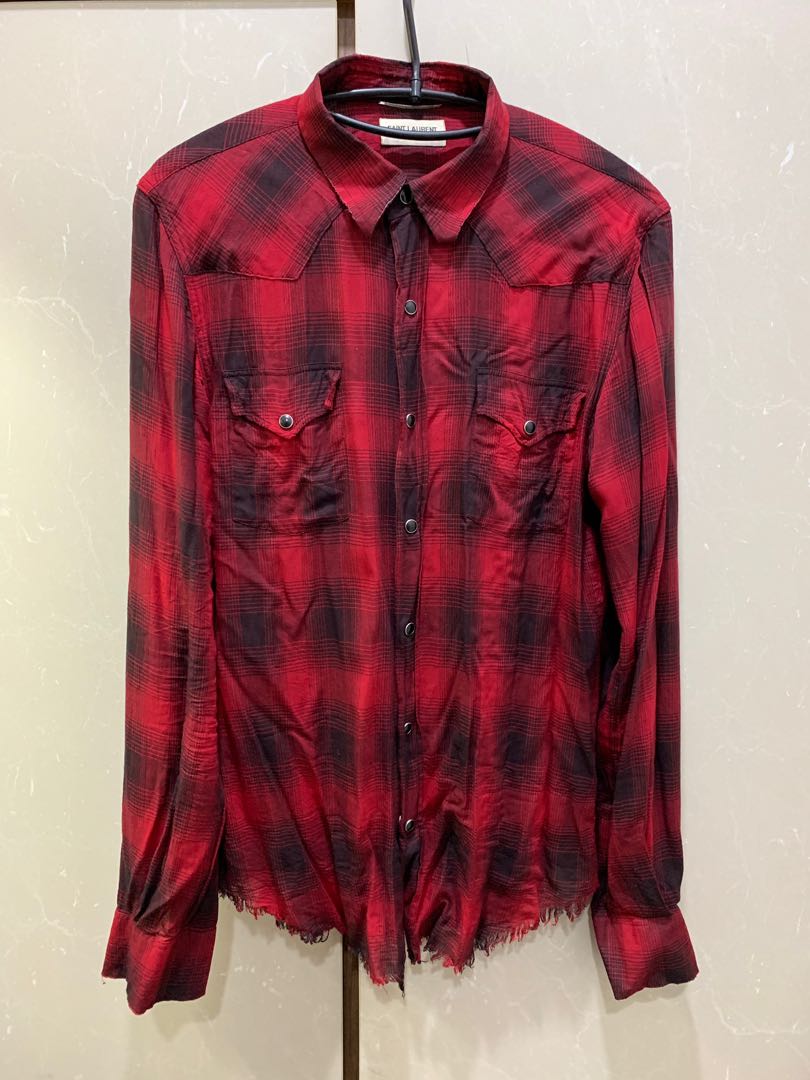Saint Laurent red distressed flannel