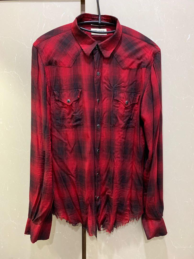 Saint Laurent red distressed flannel